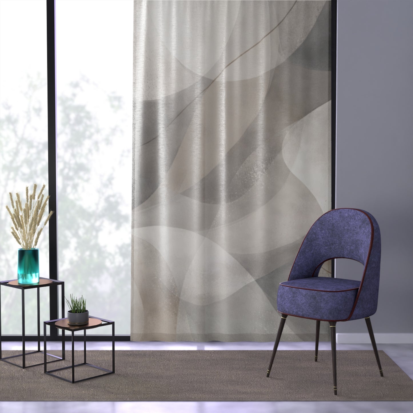 Light-filtering sheer window curtain with abstract neutral wave and geometric pattern, ideal for modern home decor.