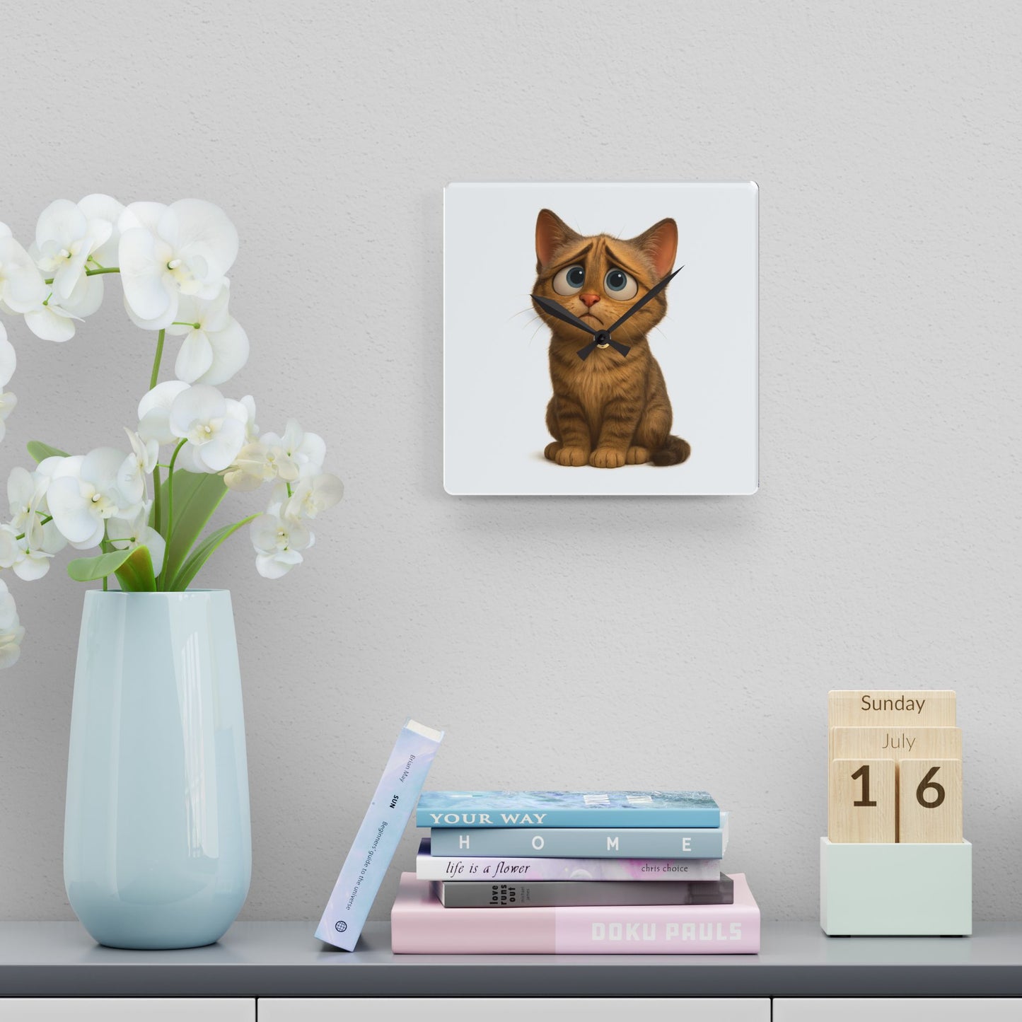 Sad Cartoon Kitten Acrylic Wall Clock – Cute Nursery Cat Decor
