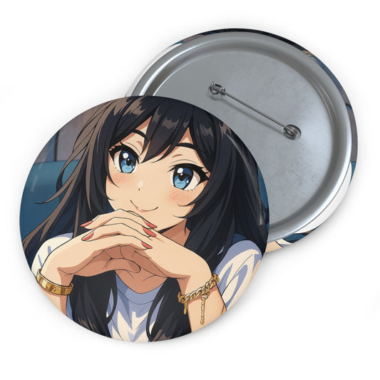 Anime girl illustration pin button featuring a colorful, detailed custom accessory design on a metal pin.
