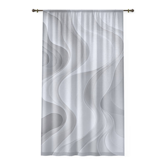 Abstract gray wave-patterned sheer window curtain for modern home decor, featuring flowing drapery design by Printify