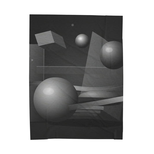 Velveteen plush blanket with 3D geometric spheres and abstract cube and sphere design, featuring vibrant all-over print by Printify.