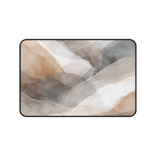 Neutral Watercolor Waves Desk Mat | Abstract Beige Gray Mouse Pad