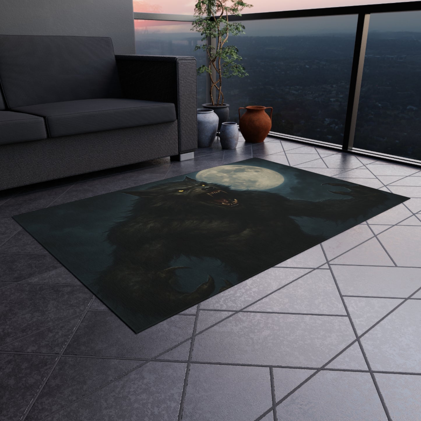 Werewolf Moon Outdoor Rug — Spooky Full Moon Werewolf Patio Mat