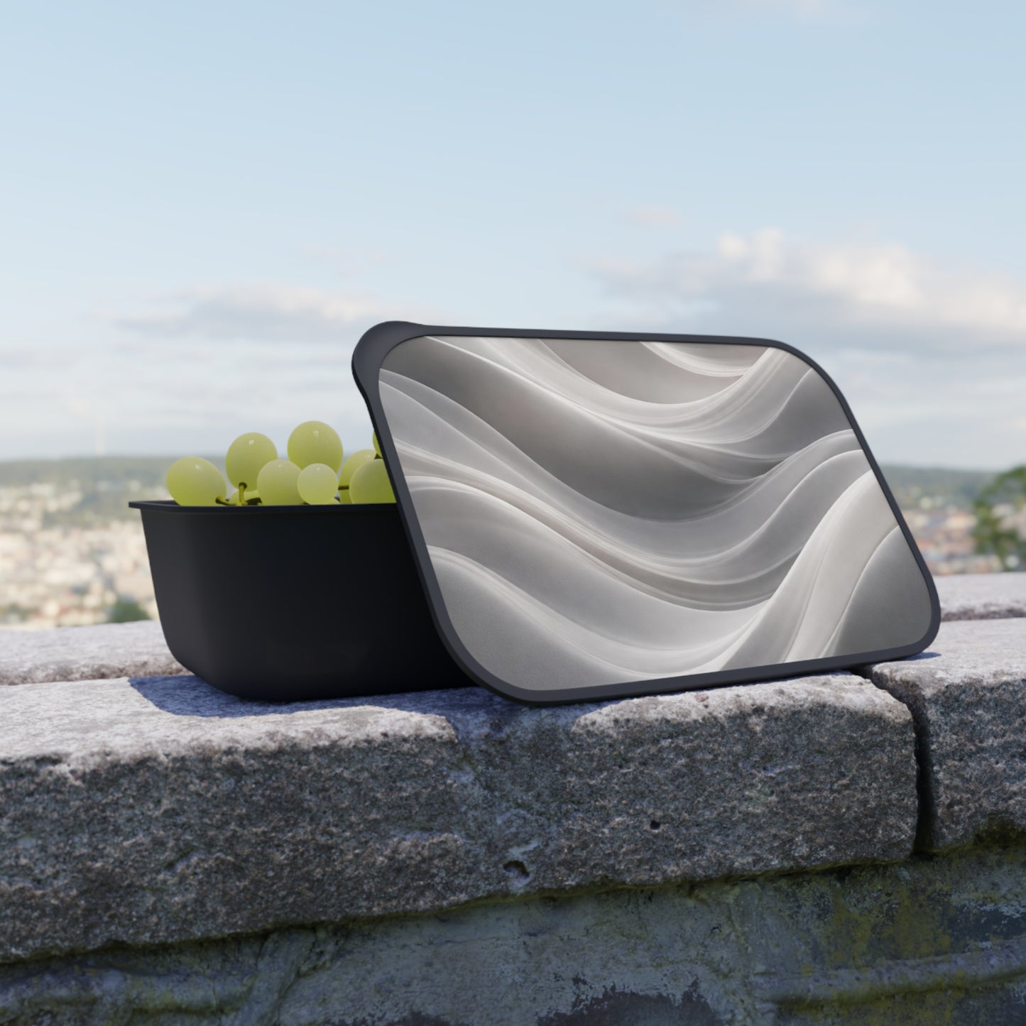 Abstract grey marble waves PLA bento box with band and utensils, eco-friendly lunch container by Printify.