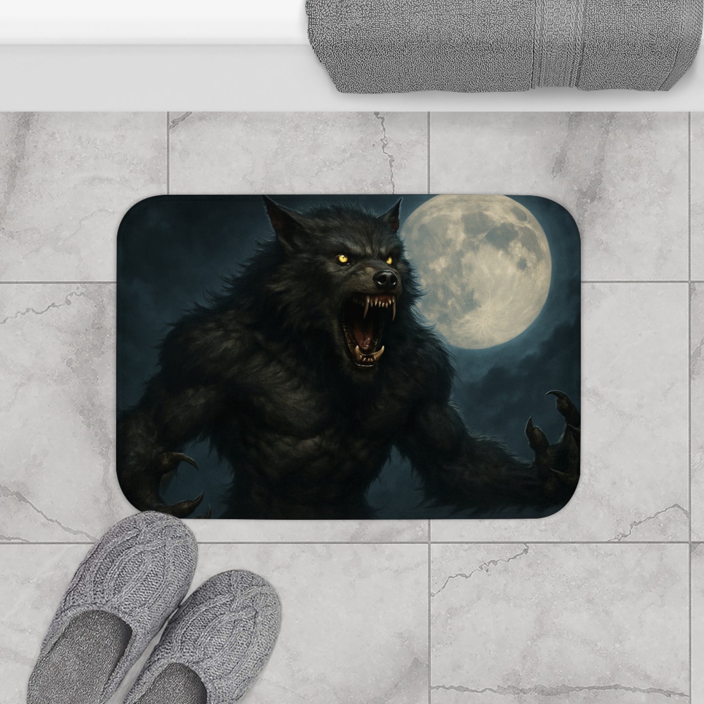 Werewolf Bath Mat, Unique Bathroom Decor, Halloween Home Accents, Gift for Wolf Lovers, Spooky Cozy Mat - TRV