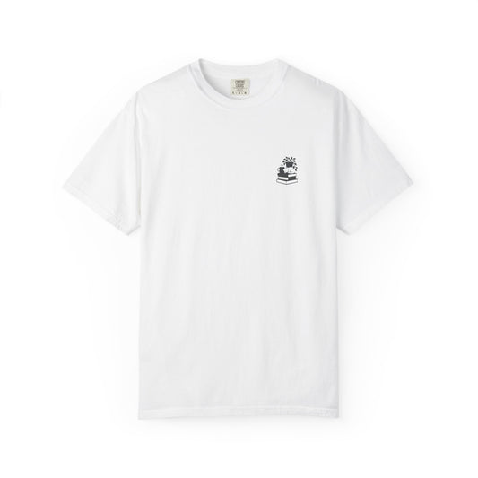 Cozy Cat on Books T-Shirt | Reading Tea Stack Illustration