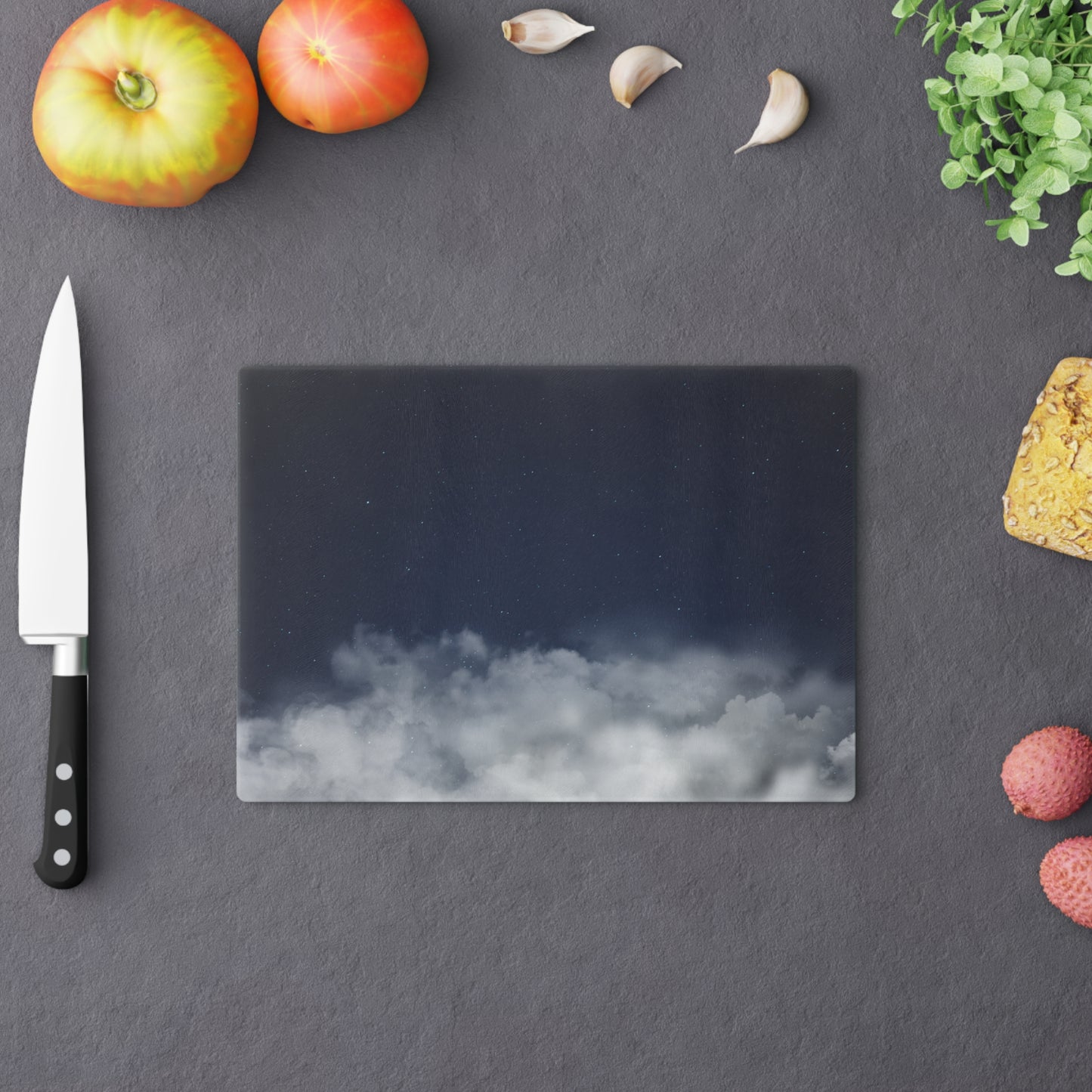 Cloudscape Glass Cutting Board — Moody Mist Kitchen Decor