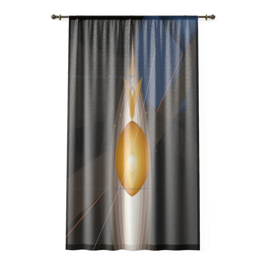 Abstract golden orb window curtain featuring a modern geometric sheer panel, ideal for stylish home decor.