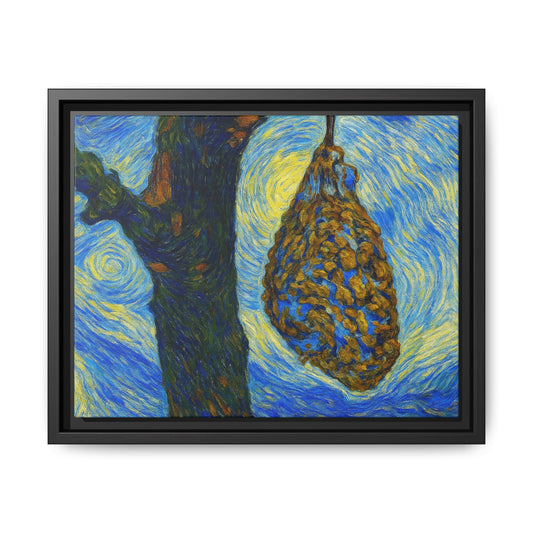 Framed Matte Canvas Art — Van Gogh-Style Swirling Night with Hanging Beehive