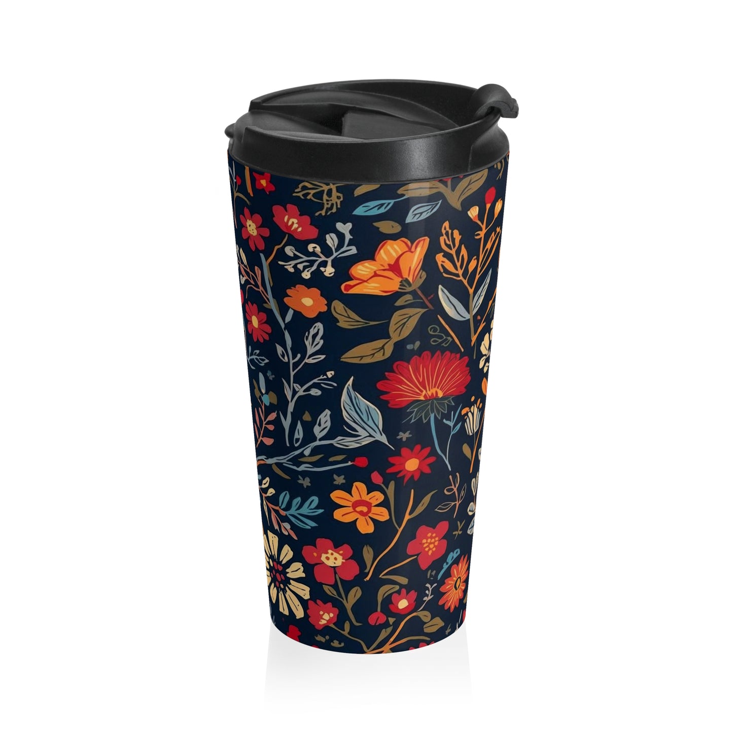 Autumn Floral Pattern Stainless Steel Travel Mug | Navy Wildflower Design - TRV