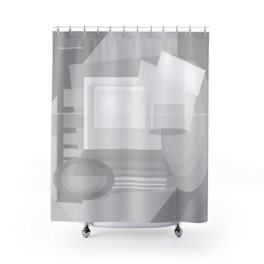 Gray abstract geometric pattern shower curtain from Printify, featuring modern minimal bathroom decor design.