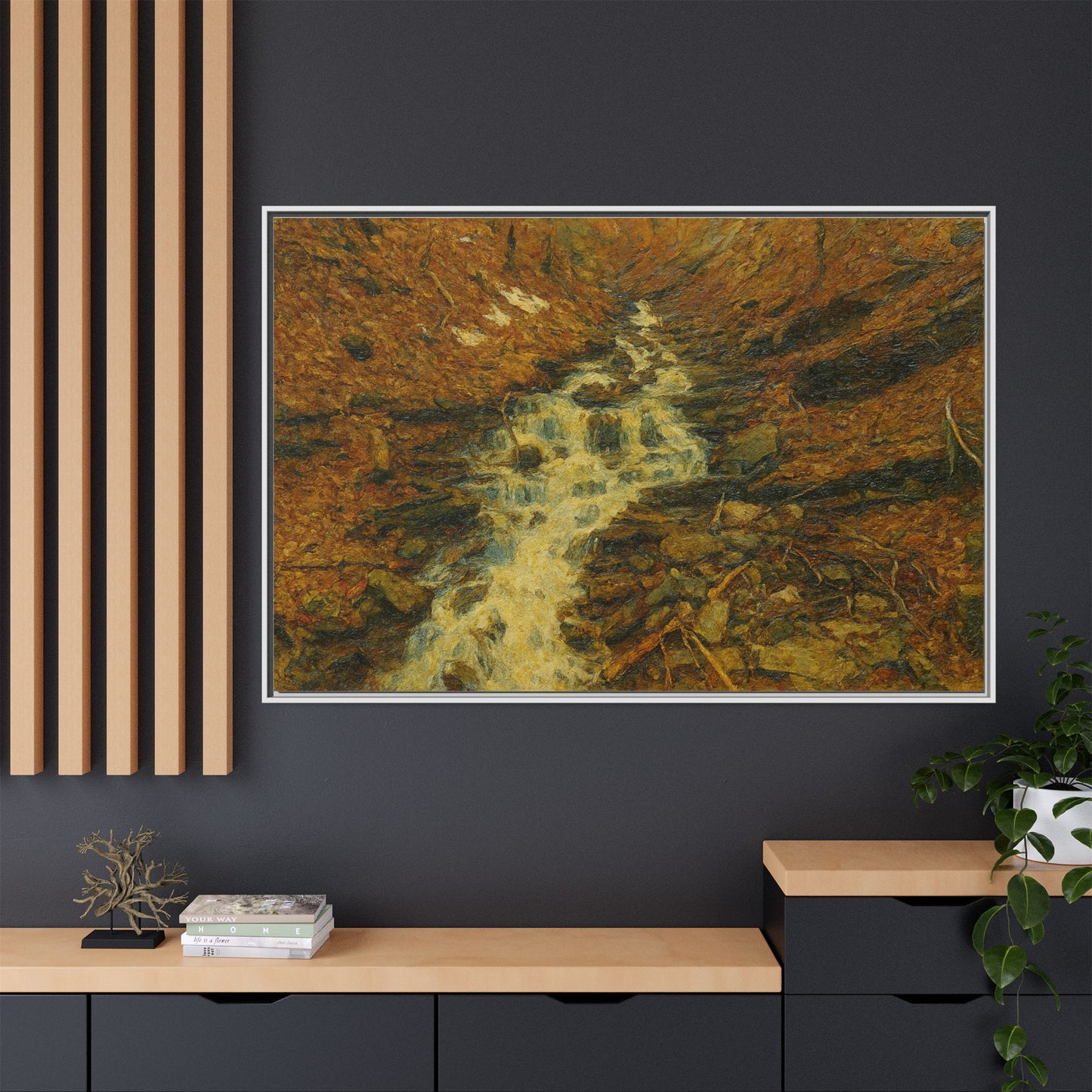 Serene Abstract Nature Canvas Art, Framed Wall Decor, Rustic Home Accent, Earthy Tone Artwork, Tranquil River Scene - TRV