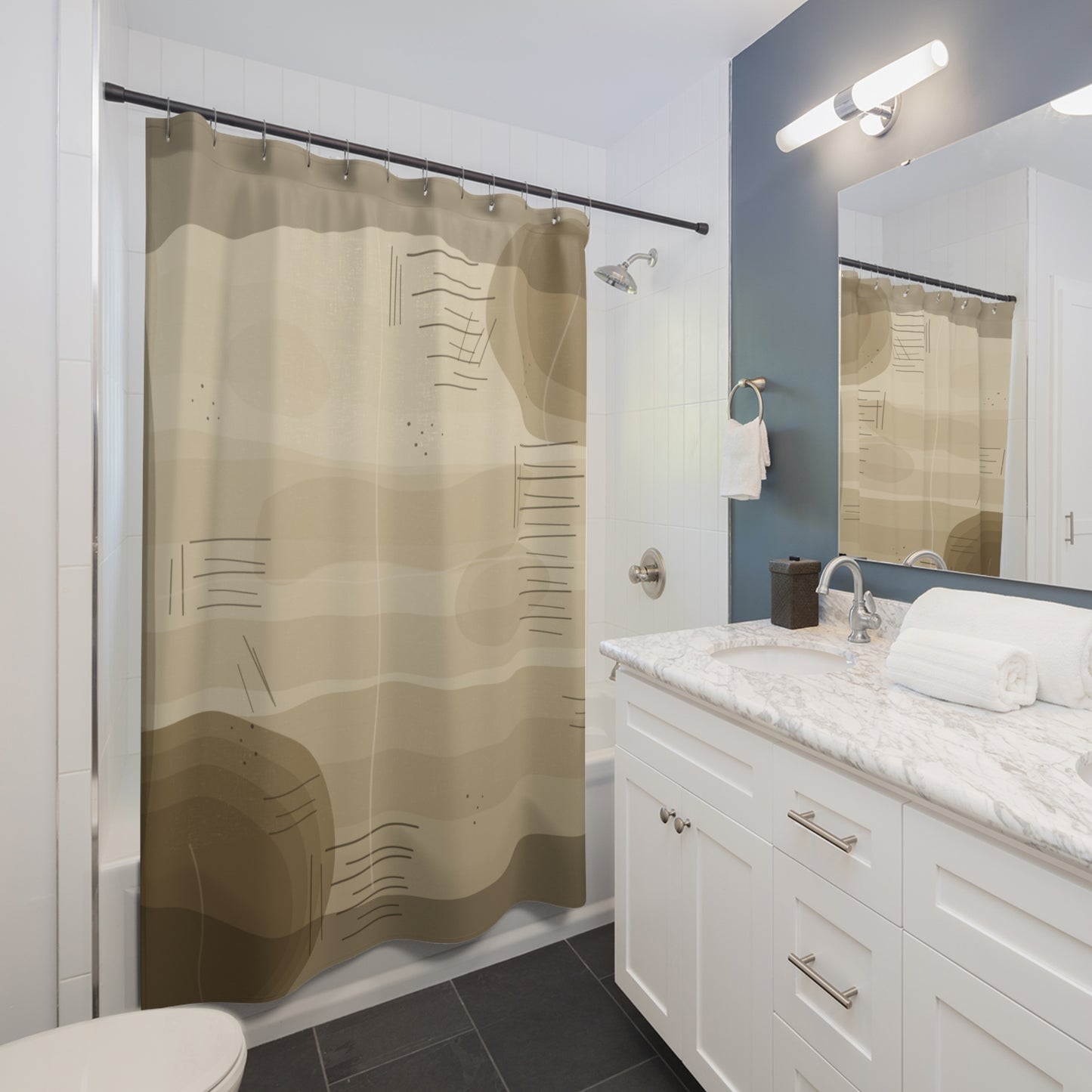Abstract Neutral Waves Shower Curtain | Minimal Beige Geometric Bathroom - TRV