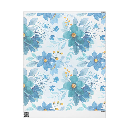 Blue Floral Wrapping Paper Roll — Watercolor Bouquet Gift Wrap