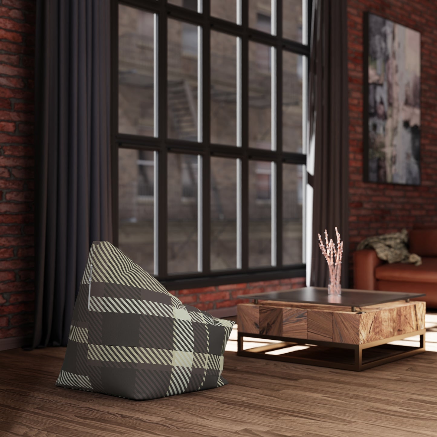 Brown Plaid Pattern Bean Bag Chair Cover | Rustic Buffalo Check