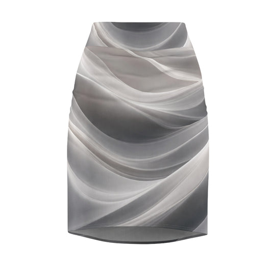 Abstract gray wave pattern pencil skirt with monochrome swirl design, showcasing all-over print by Printify.