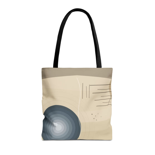 Abstract neutral waves tote bag with geometric circle pattern, featuring a stylish design perfect for everyday use.