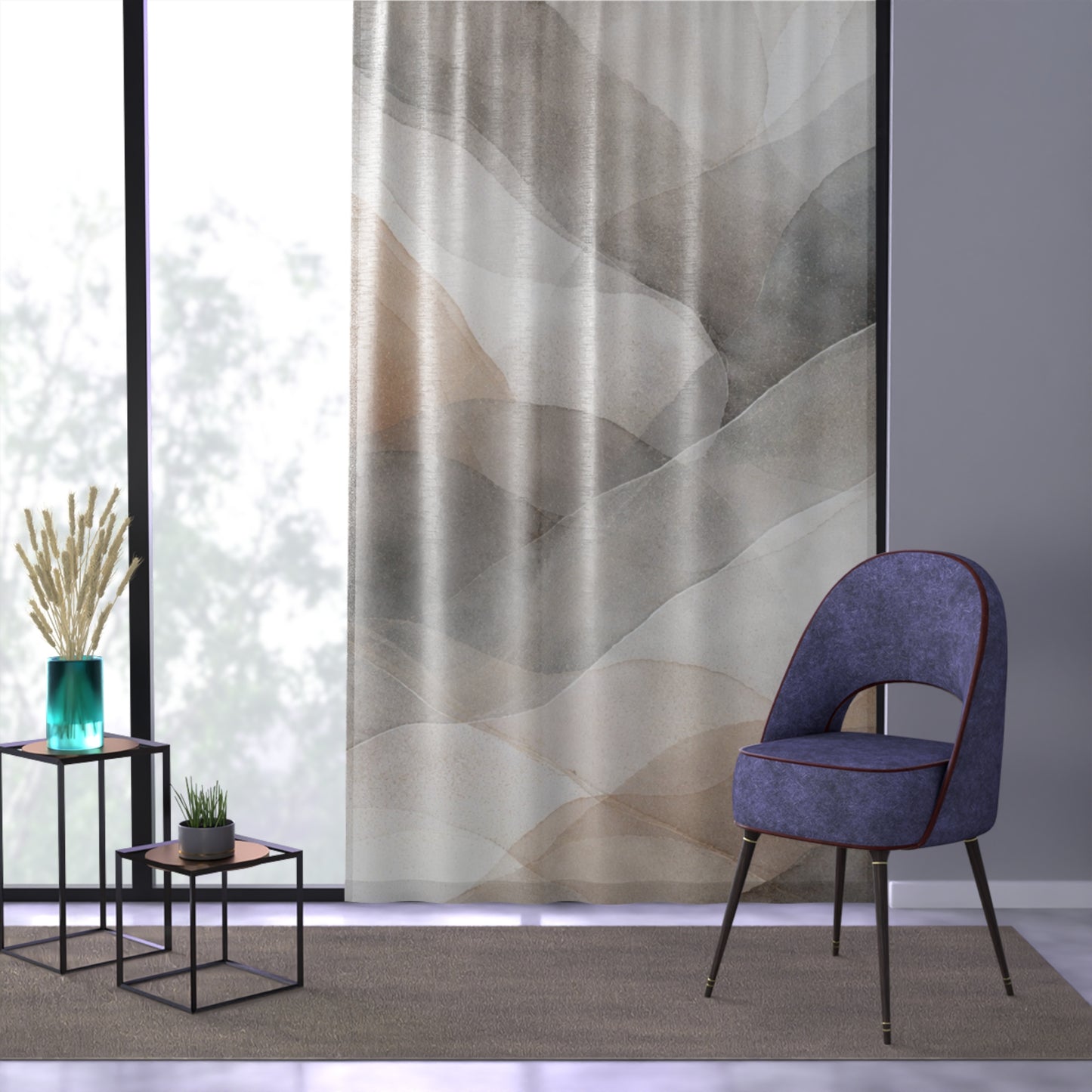 Abstract Watercolor Hills Window Curtain | Neutral Mountain Landscape