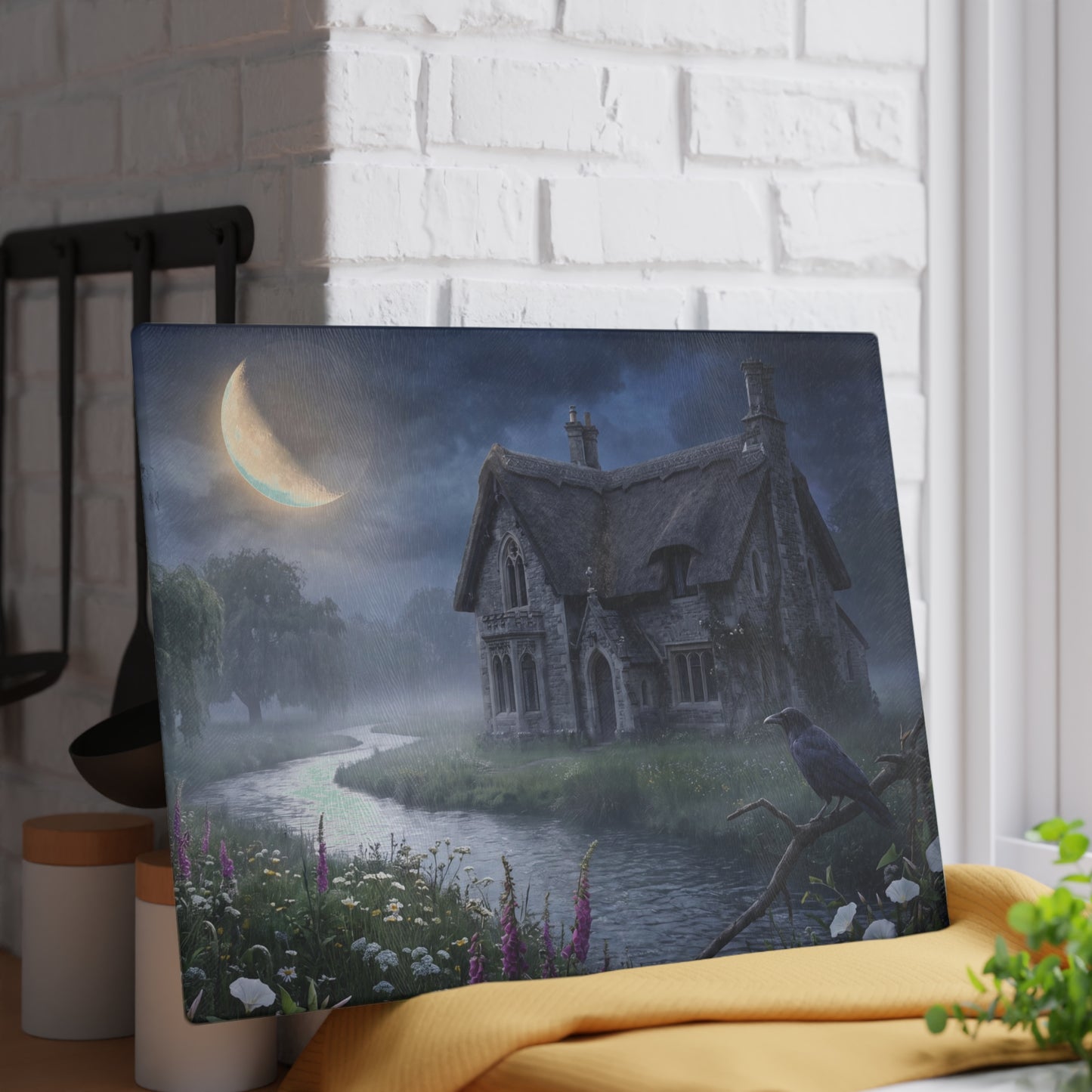 Moonlit Cottage river scene Glass Cutting Board | mystical night landscape