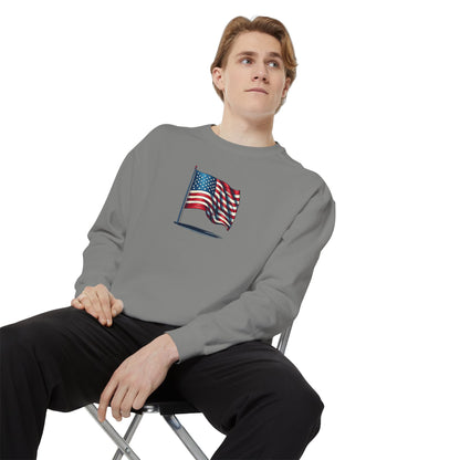Patriotic Unisex Garment-Dyed Sweatshirt with Vintage American Flag, Cozy Fall Outfit, Statement Sweater, Gift for Veterans, Casual Fashion - TRV