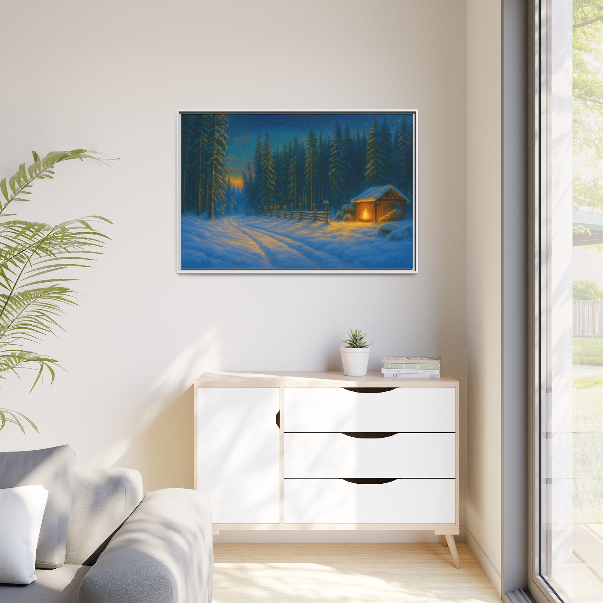 Framed Winter Landscape Canvas, Cozy Cabin Art, Christmas Decor, Winter Home Decor, Holiday Gift, Wall Art - TRV