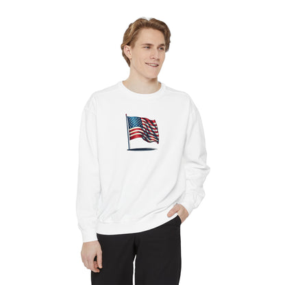 Patriotic Unisex Garment-Dyed Sweatshirt with Vintage American Flag, Cozy Fall Outfit, Statement Sweater, Gift for Veterans, Casual Fashion - TRV