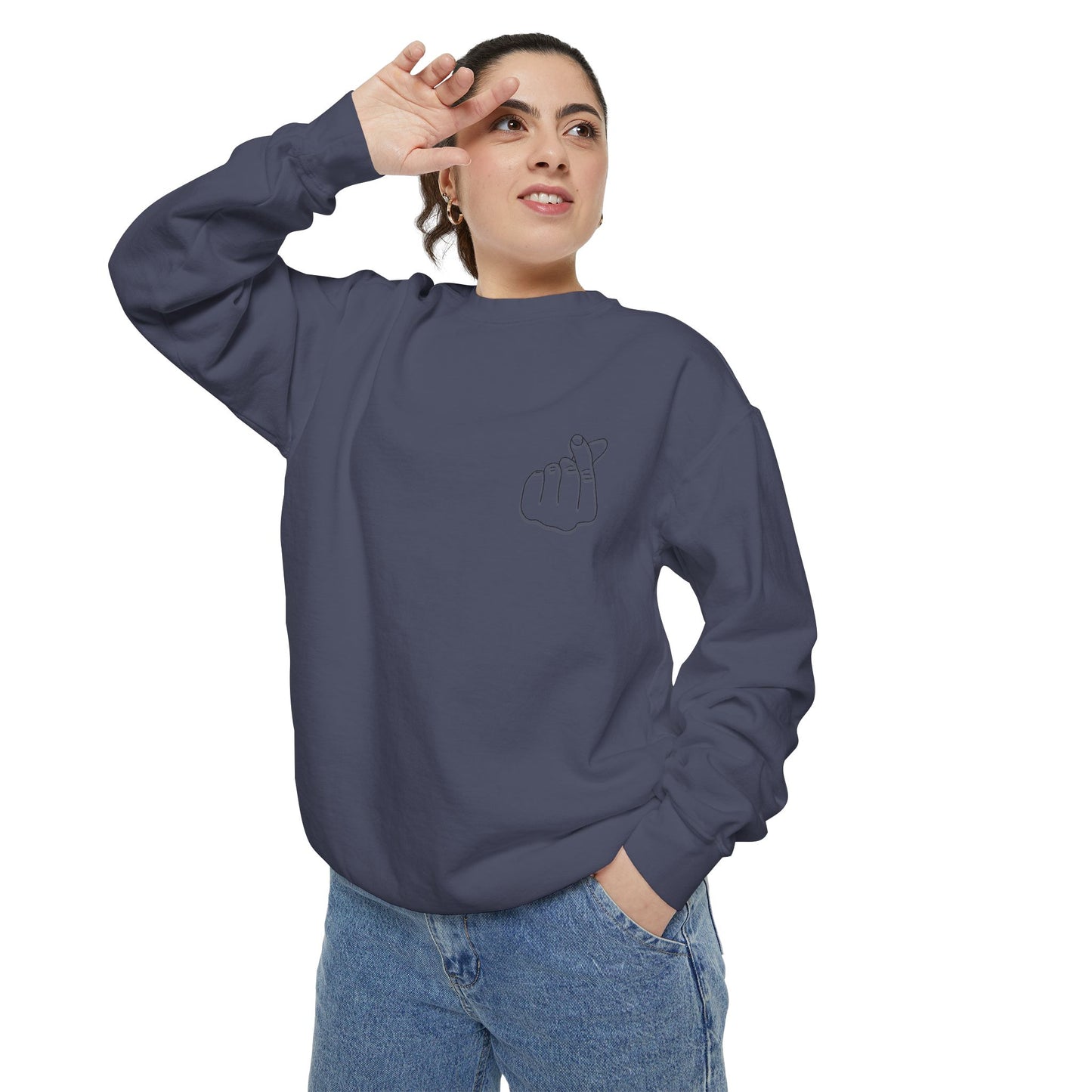 Minimalist Peace Hand Sweatshirt — Small Chest Line Art Crewneck