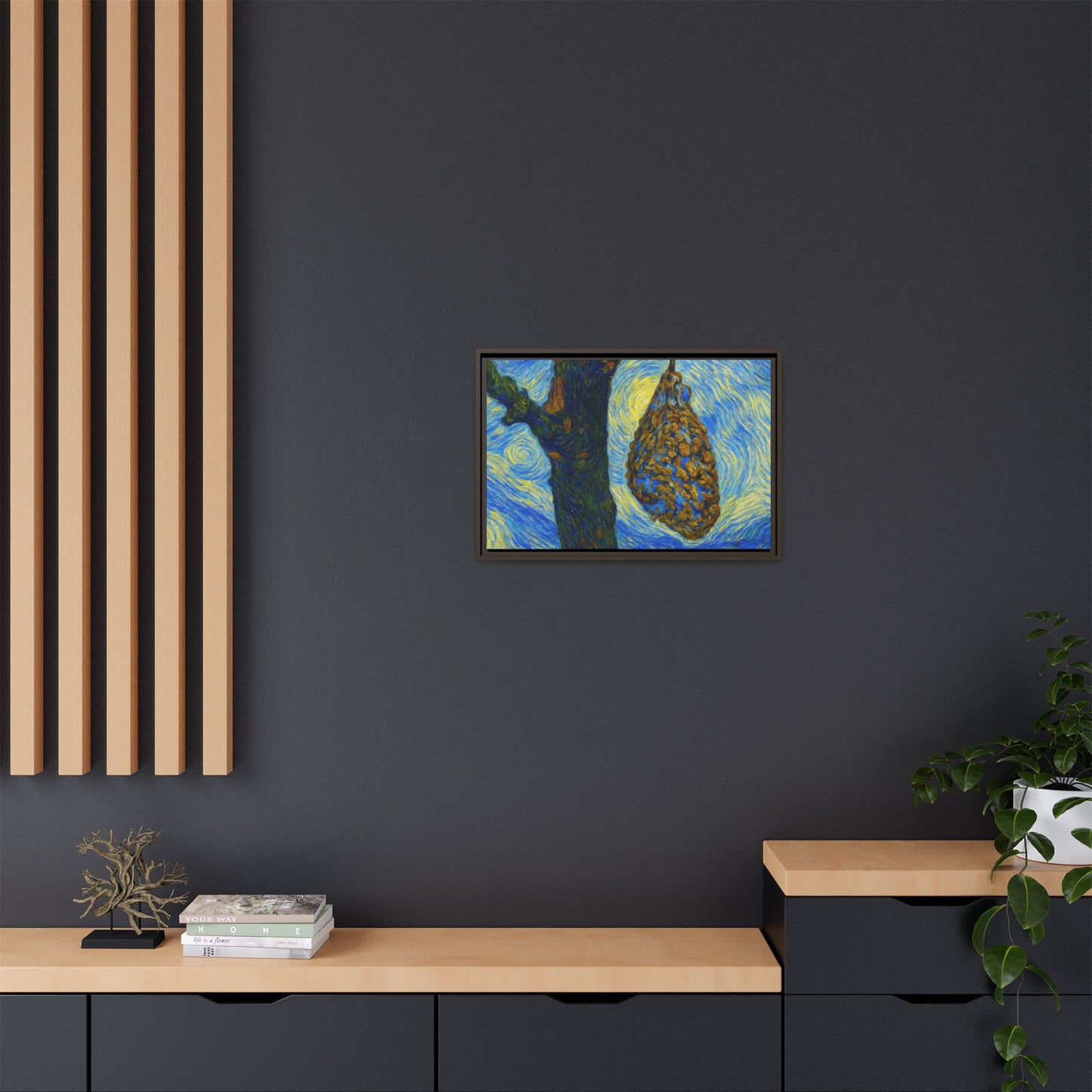 Framed Matte Canvas Art — Van Gogh-Style Swirling Night with Hanging Beehive