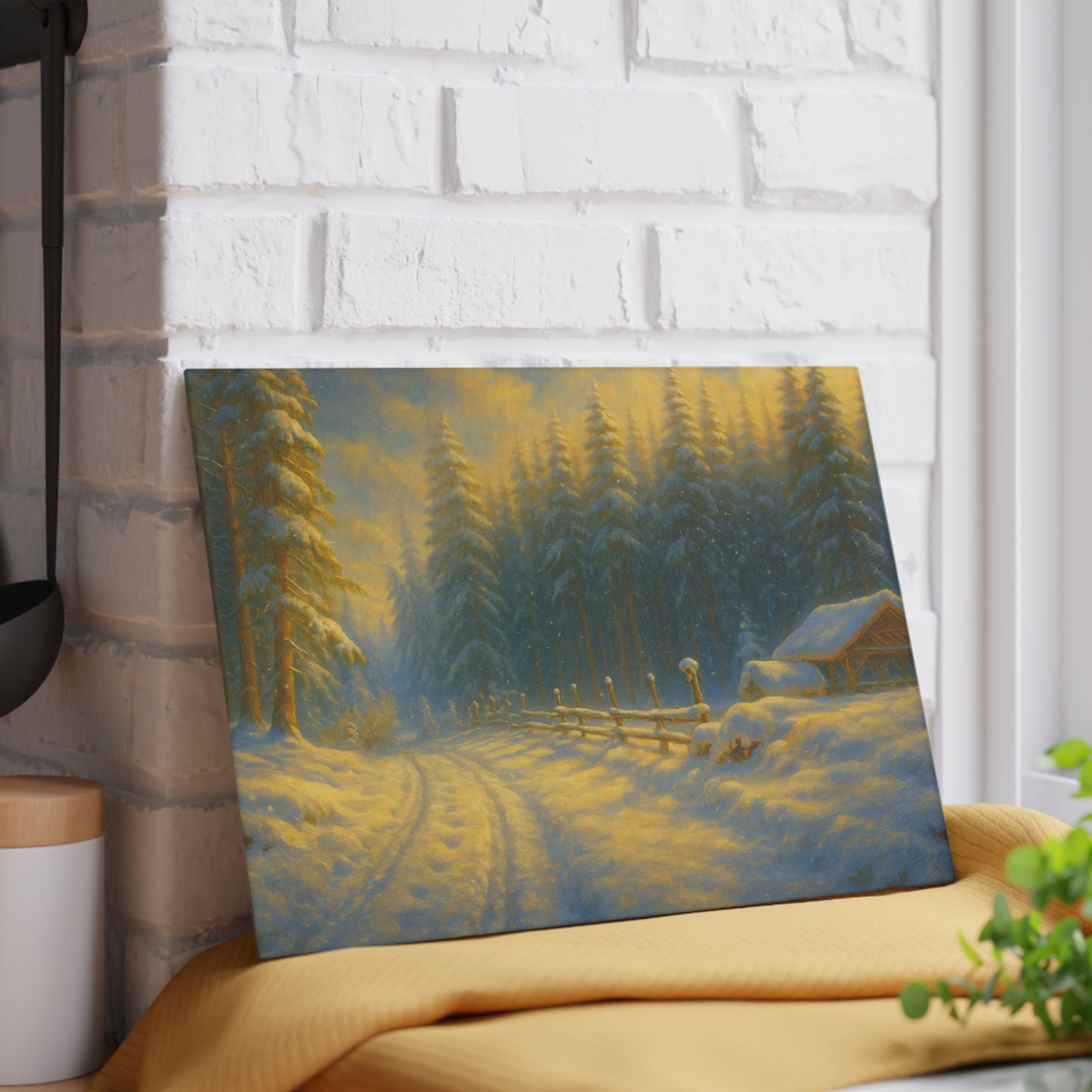 Winter Cabin Glass Cutting Board – Snowy Forest Scenic Kitchen Décor