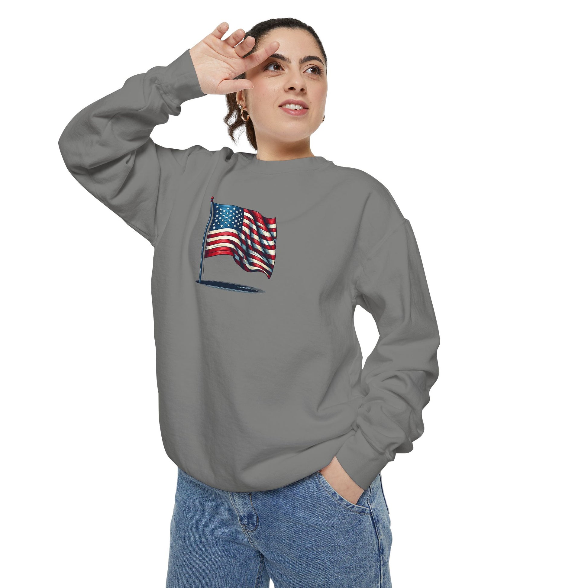 Patriotic Unisex Garment-Dyed Sweatshirt with Vintage American Flag, Cozy Fall Outfit, Statement Sweater, Gift for Veterans, Casual Fashion - TRV