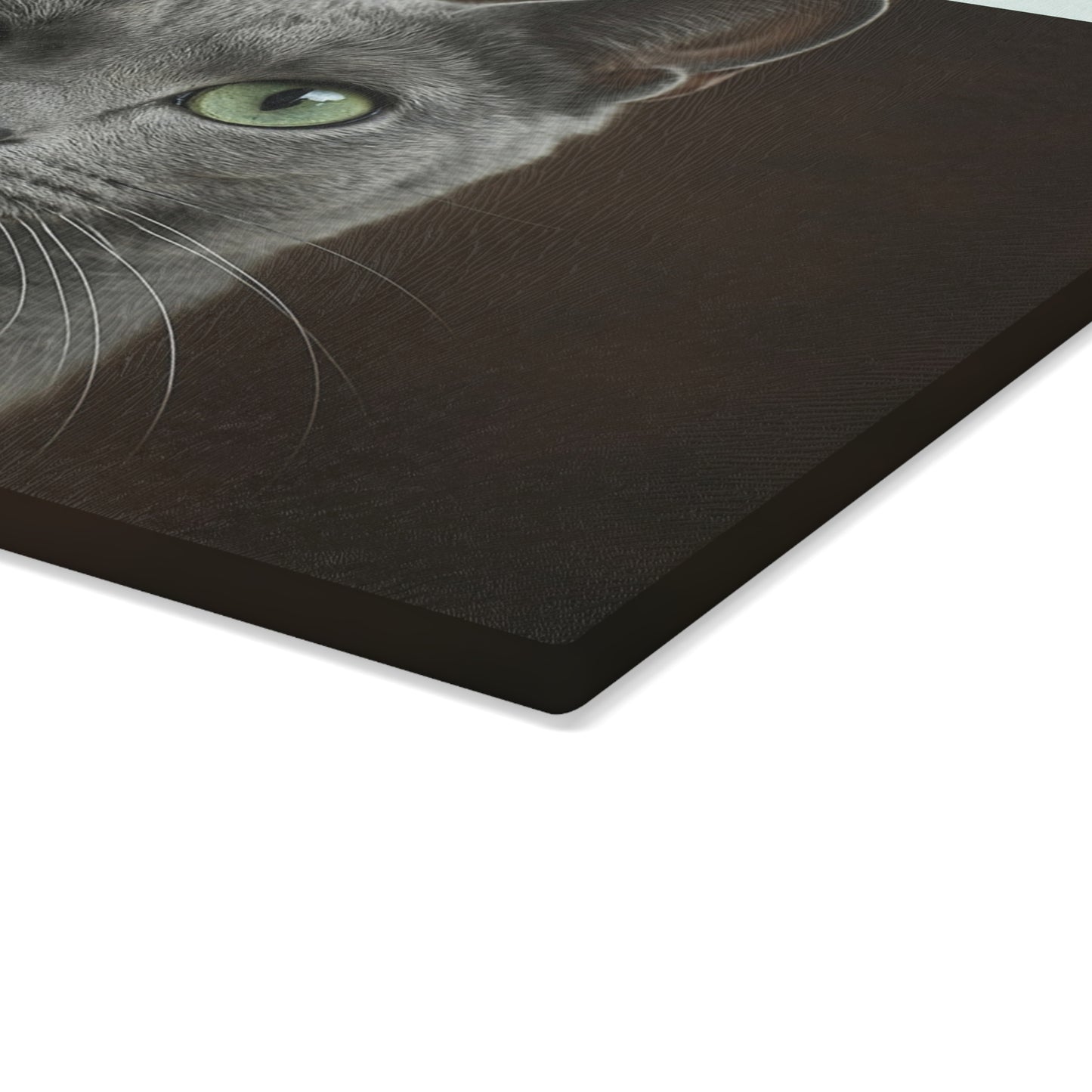 Russian Blue Cat Glass Cutting Board — Decorative Kitchen Cutting Board with Green-Eyed Cat Portrait