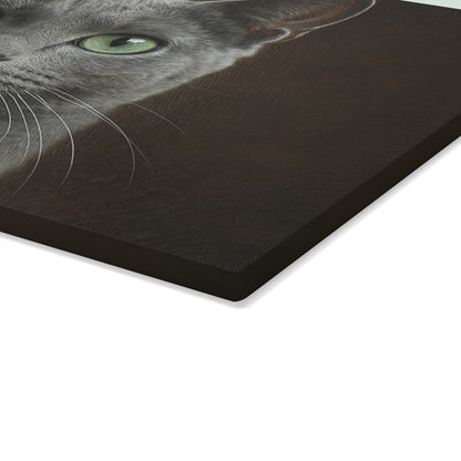 Russian Blue Cat Glass Cutting Board — Decorative Kitchen Cutting Board with Green-Eyed Cat Portrait