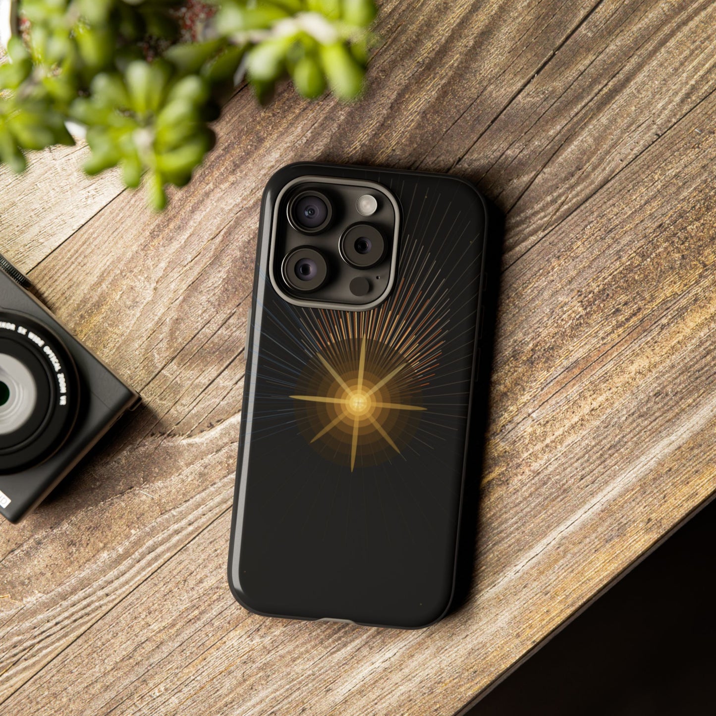 Tough Cases - Radiant Star Phone Case, Protective Black Shockproof Cover with Golden Light Design