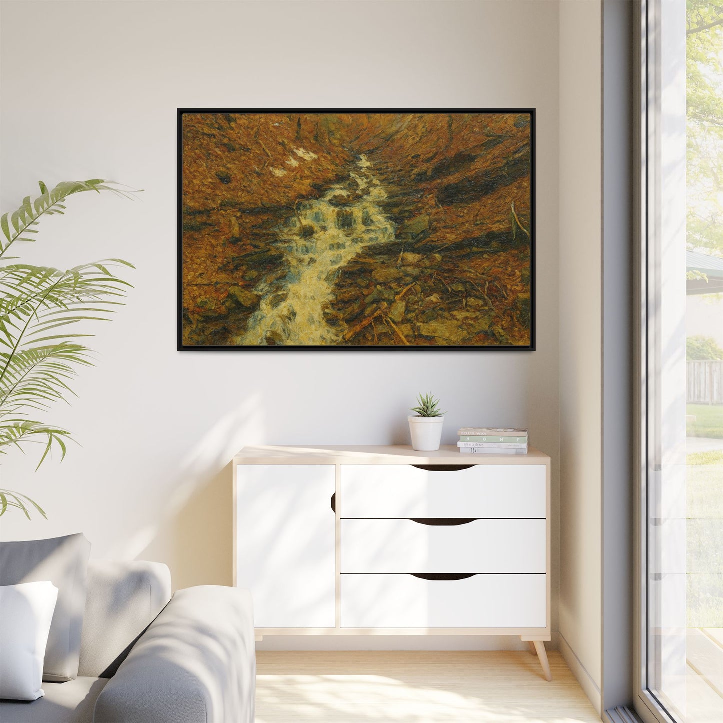 Serene Abstract Nature Canvas Art, Framed Wall Decor, Rustic Home Accent, Earthy Tone Artwork, Tranquil River Scene - TRV