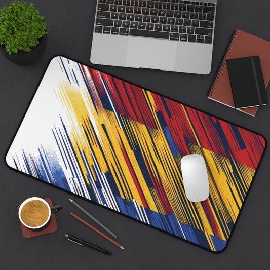 Colorful abstract flag brushstroke desk mat with red, yellow, and blue hues, designed for gaming and office use.