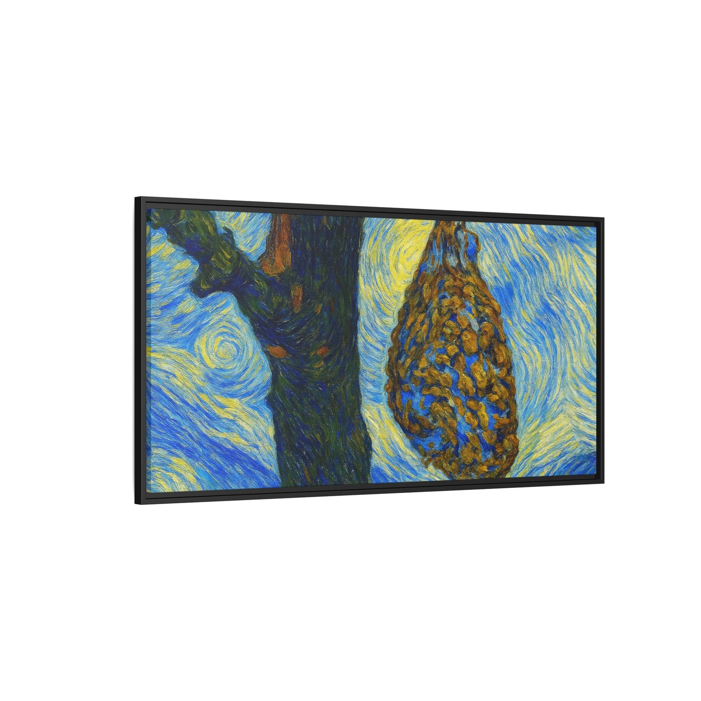 Framed Matte Canvas Art — Van Gogh-Style Swirling Night with Hanging Beehive