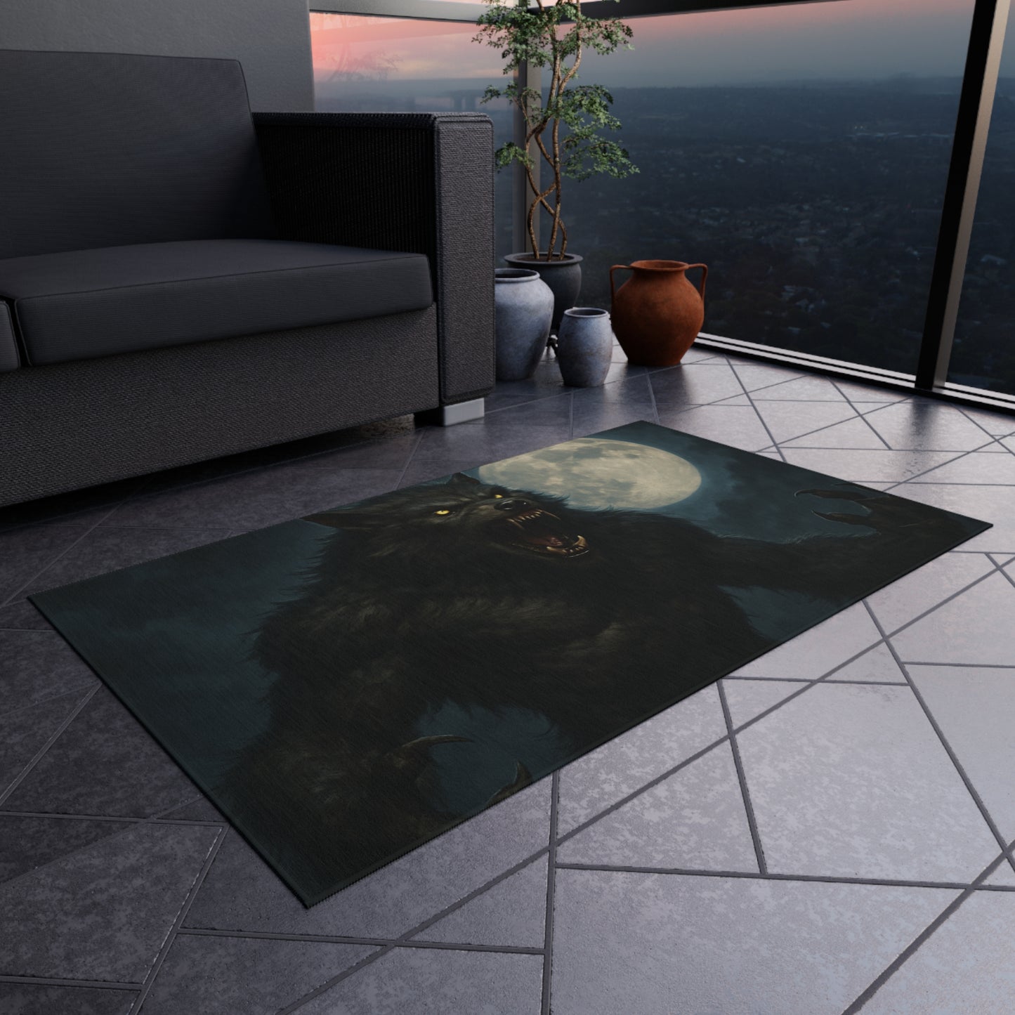 Werewolf Moon Outdoor Rug — Spooky Full Moon Horror Patio Mat