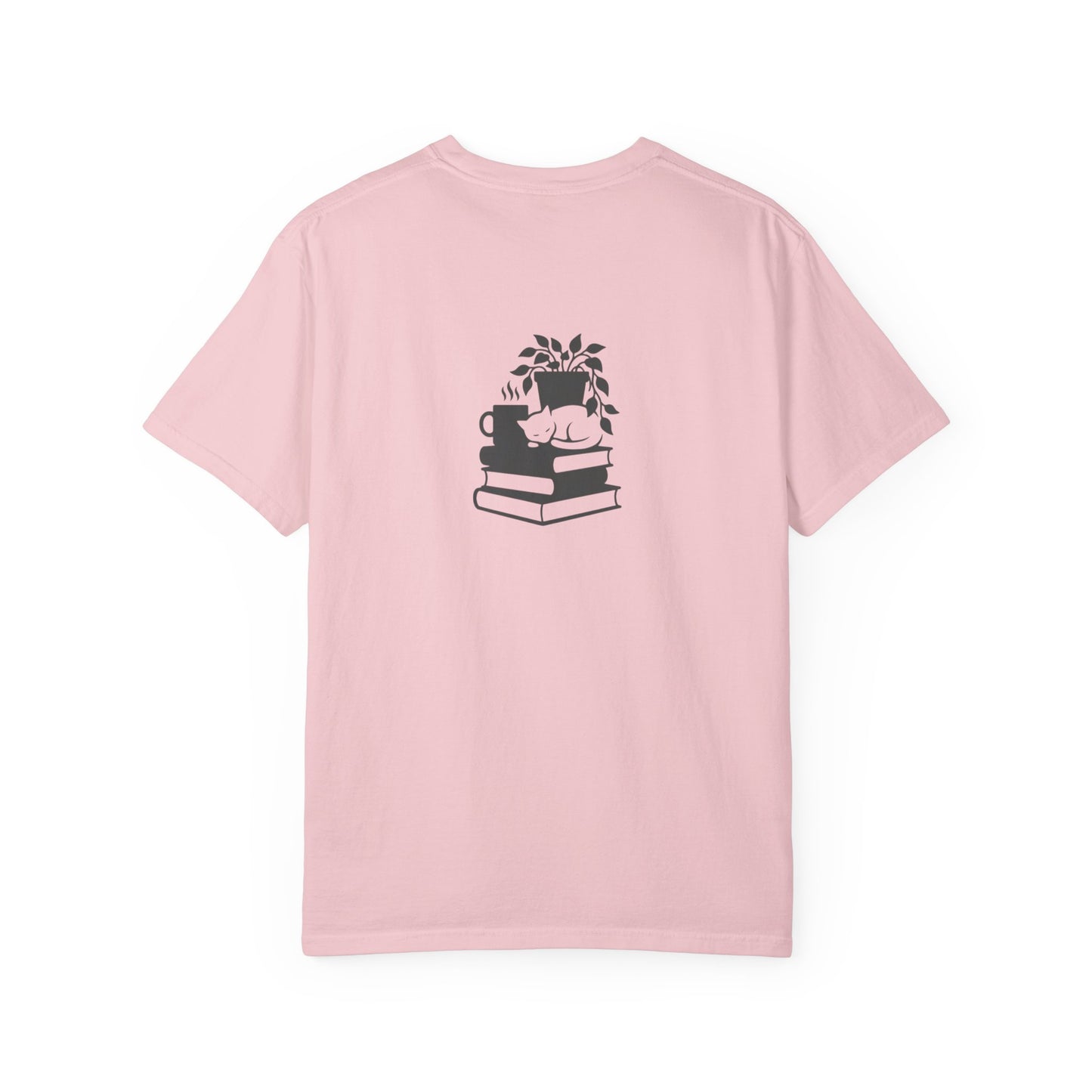 Cozy Cat on Books T-Shirt | Reading Tea Stack Illustration