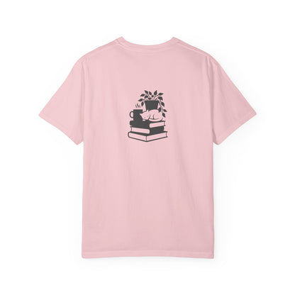 Cozy Cat on Books T-Shirt | Reading Tea Stack Illustration