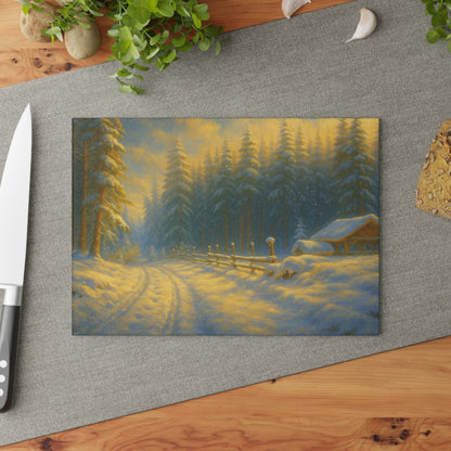 Winter Cabin Glass Cutting Board – Snowy Forest Scenic Kitchen Décor