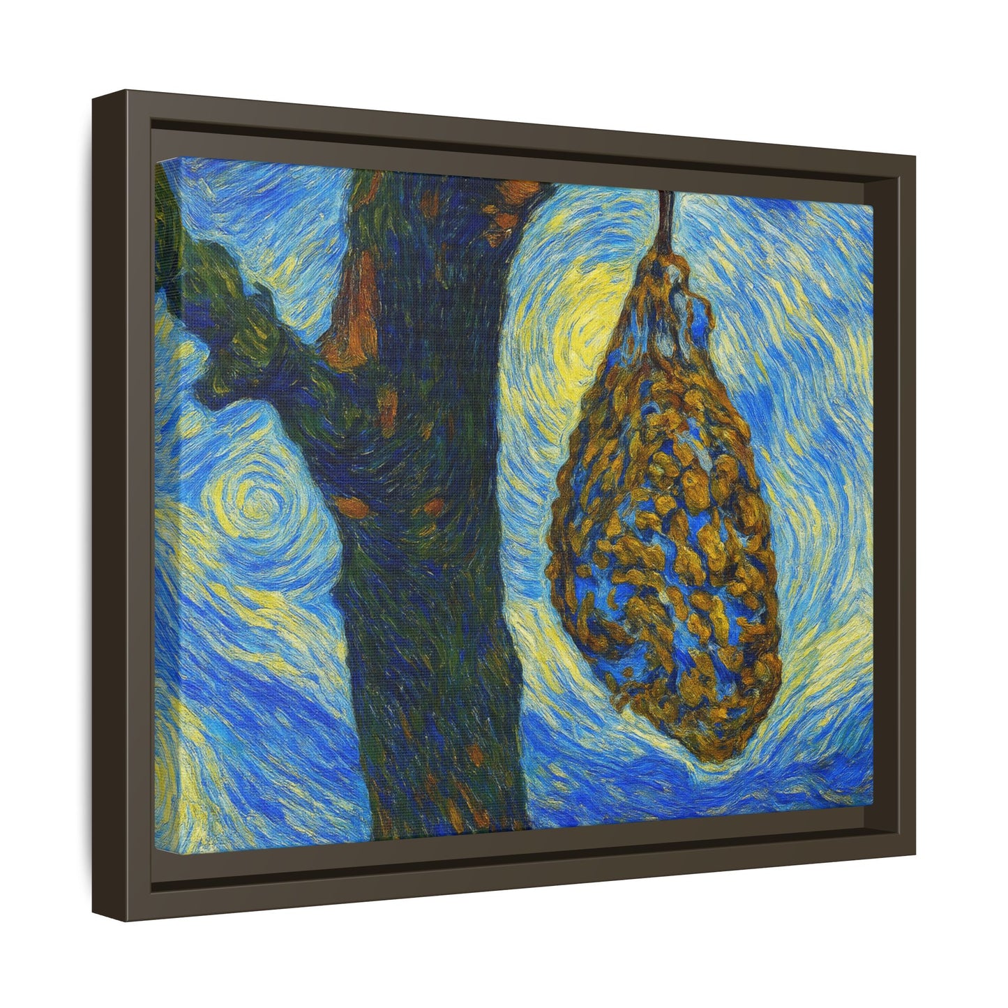 Framed Matte Canvas Art — Van Gogh-Style Swirling Night with Hanging Beehive