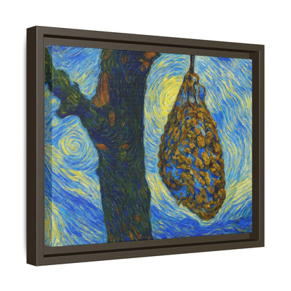 Framed Matte Canvas Art — Van Gogh-Style Swirling Night with Hanging Beehive