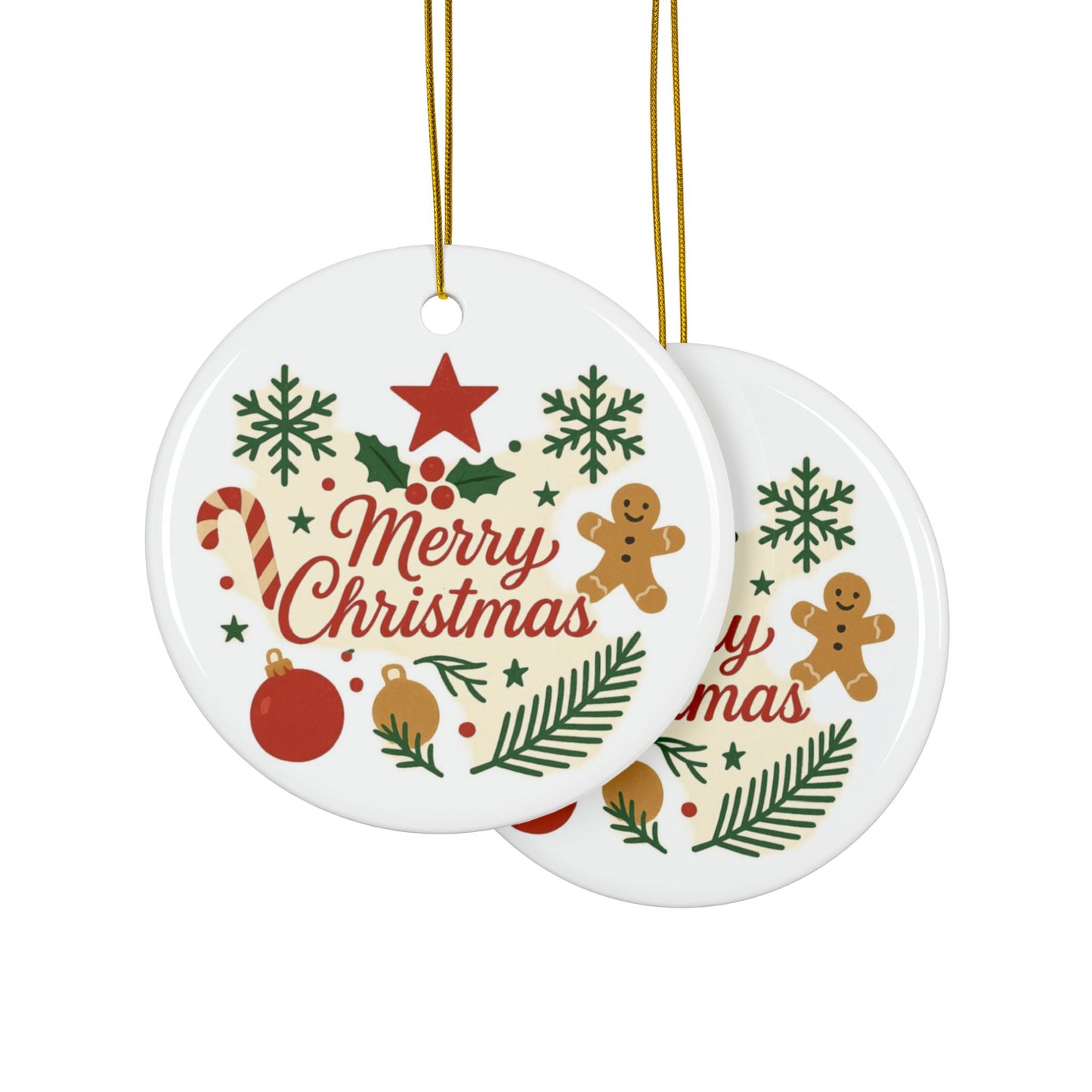 Merry Christmas Ceramic Ornament — Double-Sided Holiday Tree Decoration (Gingerbread & Candy Cane Design)