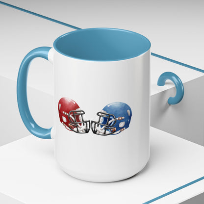 Football Helmet Coffee Mug — Red vs Blue Rivalry Accent Mug (11/15oz)