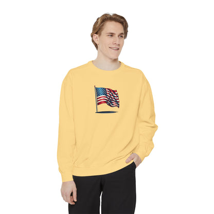 Patriotic Unisex Garment-Dyed Sweatshirt with Vintage American Flag, Cozy Fall Outfit, Statement Sweater, Gift for Veterans, Casual Fashion - TRV