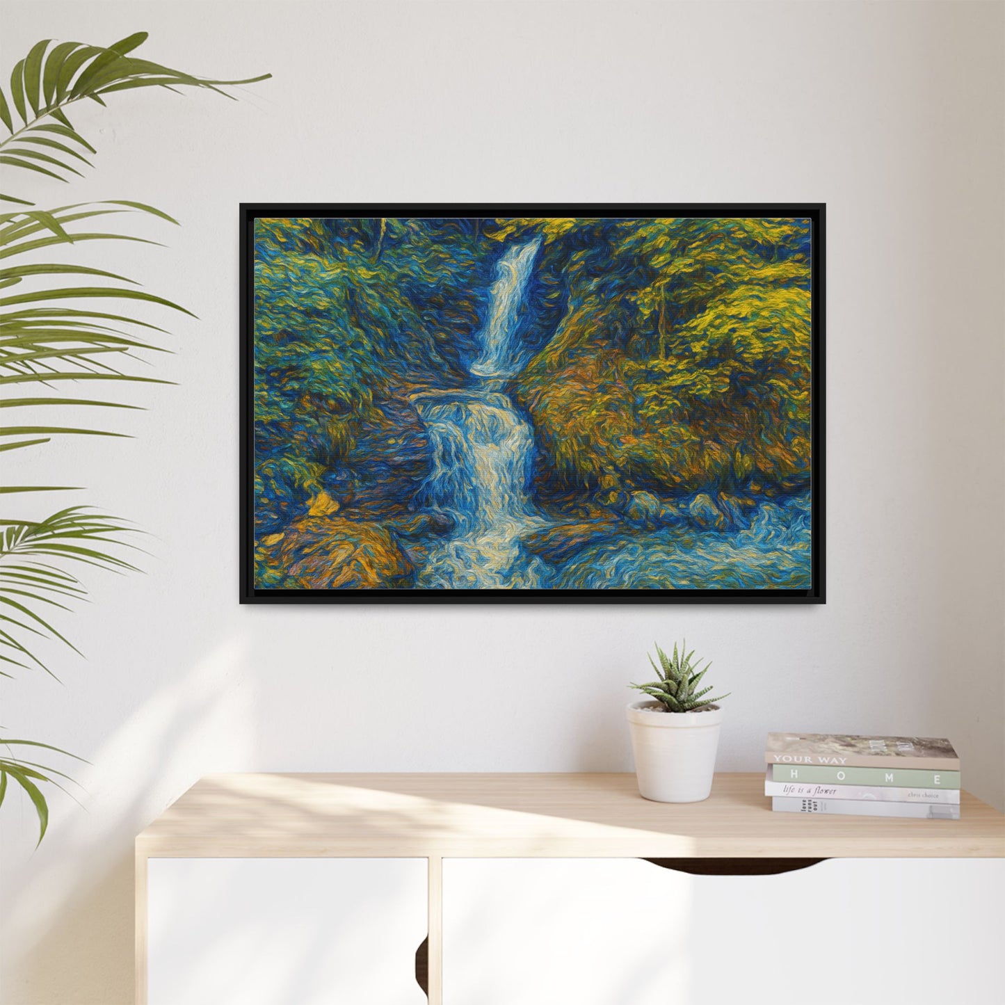 Framed Canvas Art, Majestic Van Gogh Style Waterfall Landscape Wall Decor, Nature Lover Gift, Home Office Artwork, Living Room Decoration - TRV