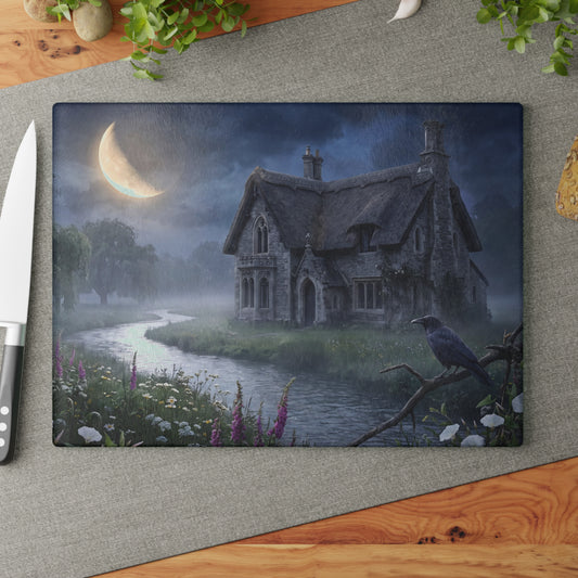 Moonlit Cottage river scene Glass Cutting Board | mystical night landscape