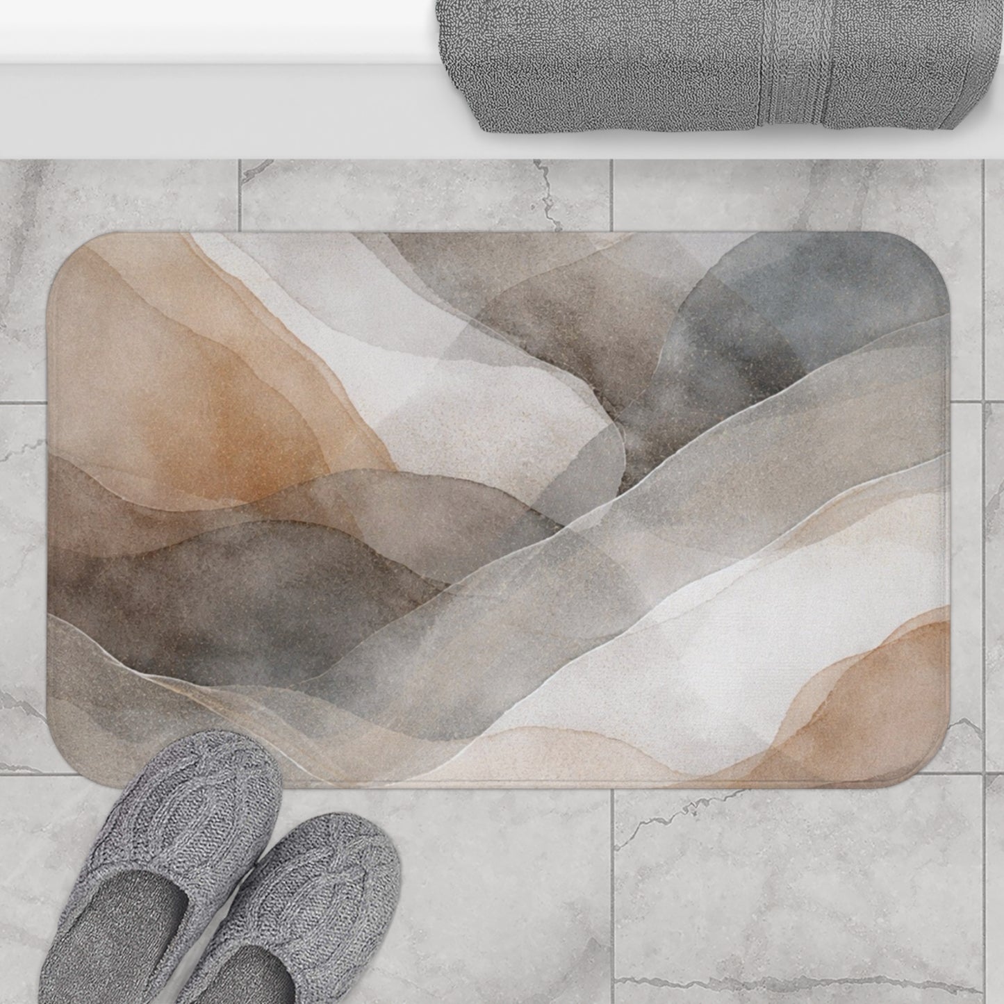 Neutral Watercolor Abstract Bath Mat | Earth Tone Bathroom Rug