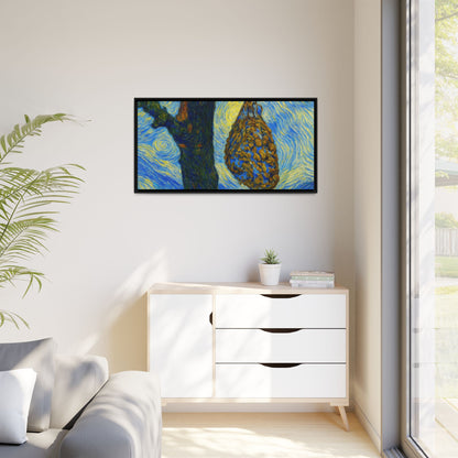 Framed Matte Canvas Art — Van Gogh-Style Swirling Night with Hanging Beehive
