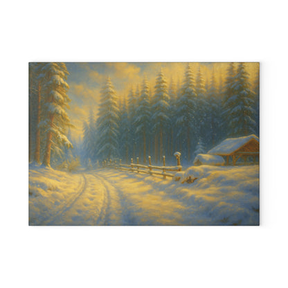Winter Cabin Glass Cutting Board – Snowy Forest Scenic Kitchen Décor